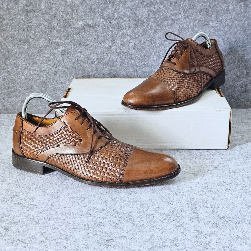 Johnston & Murphy Mens Woven Leather Cap Toe Oxford Dress Shoes Tan Brown 10M
